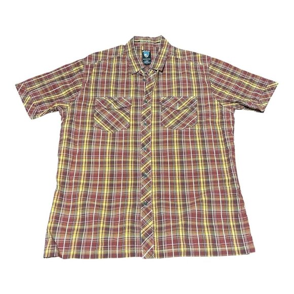 Kuhl Shirt Mens Large Brown Yellow Plaid Suncel Outdoor Button Up Short Sleeve - Picture 1 of 5